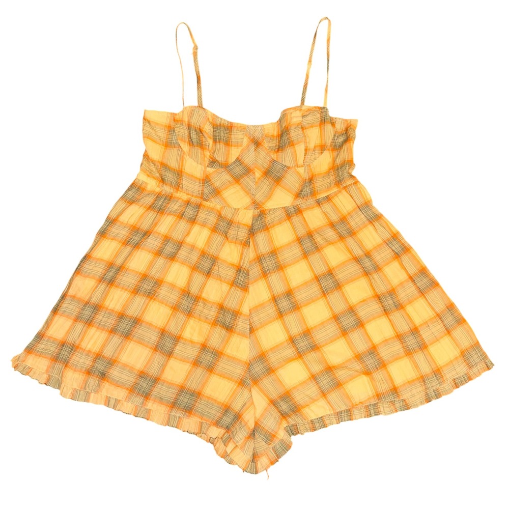 Urban Outfitters Women L Plaid Sweetheart Spaghetti Strap Romper Yellow